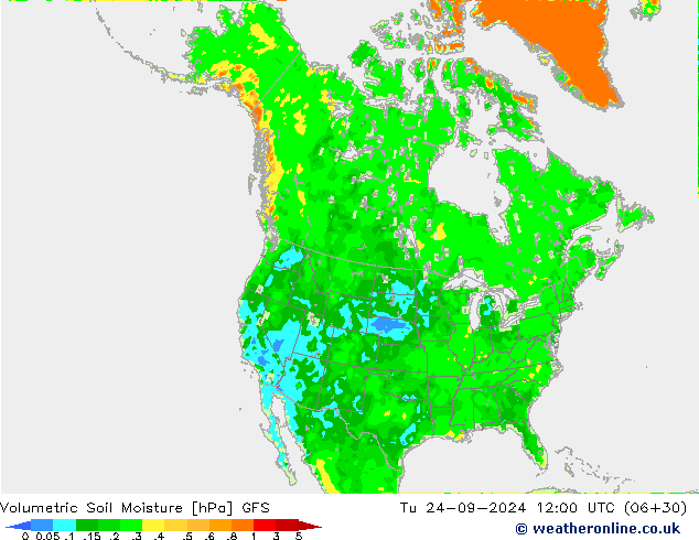 Volumetrisch bodemvocht GFS di 24.09.2024 12 UTC