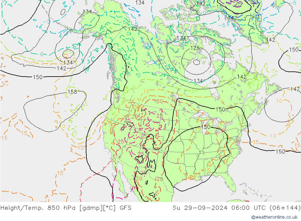 Geop./Temp. 850 hPa GFS dom 29.09.2024 06 UTC