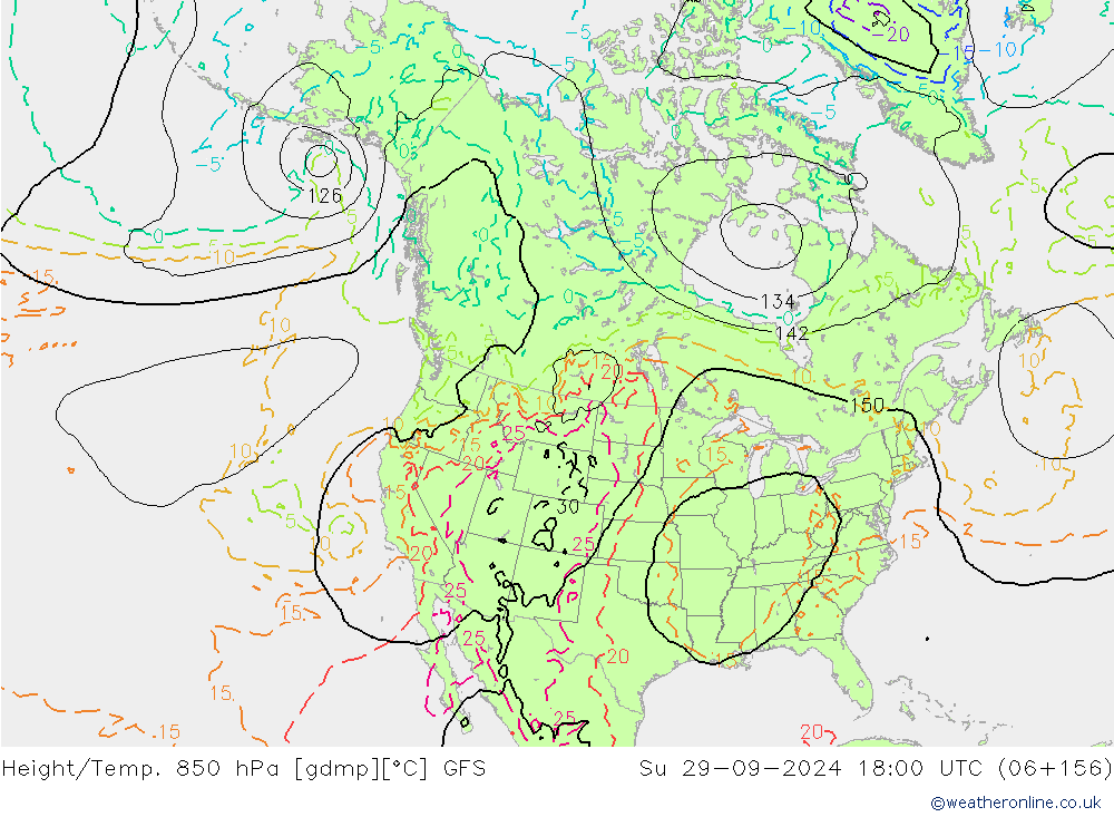 Height/Temp. 850 hPa GFS  29.09.2024 18 UTC