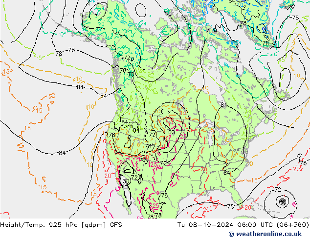 Yükseklik/Sıc. 925 hPa GFS Sa 08.10.2024 06 UTC