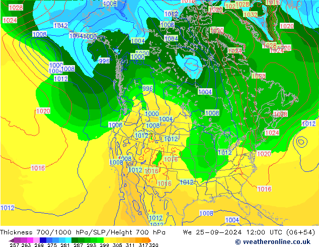 Espesor 700-1000 hPa GFS mié 25.09.2024 12 UTC