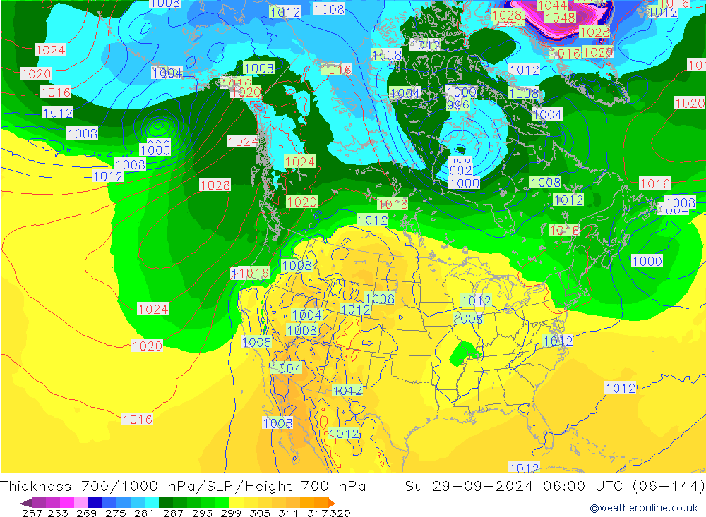 Espesor 700-1000 hPa GFS dom 29.09.2024 06 UTC