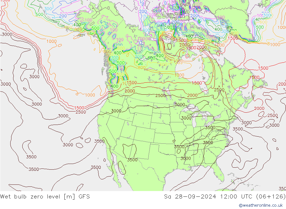 Wet bulb zero level GFS Sa 28.09.2024 12 UTC