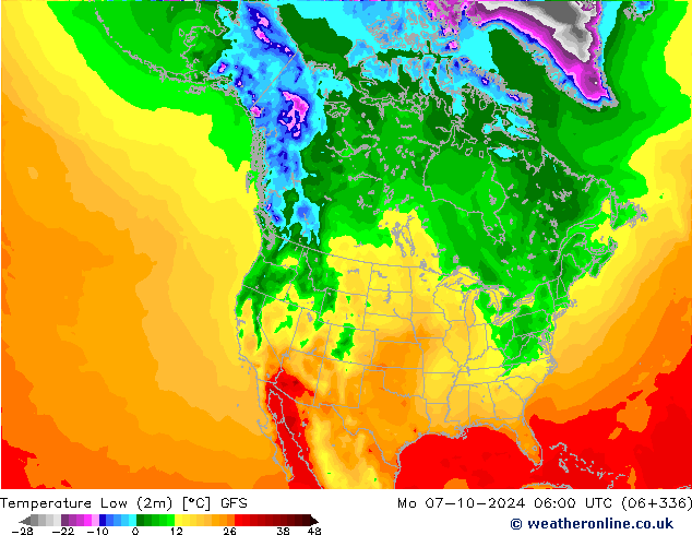 Min. Temperatura (2m) GFS pon. 07.10.2024 06 UTC