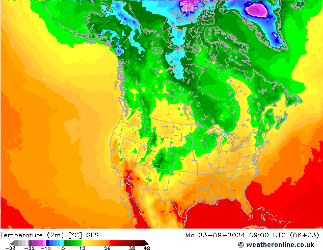 Temperatuurkaart (2m) GFS ma 23.09.2024 09 UTC