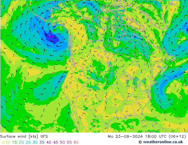 Rüzgar 10 m GFS Pzt 23.09.2024 18 UTC