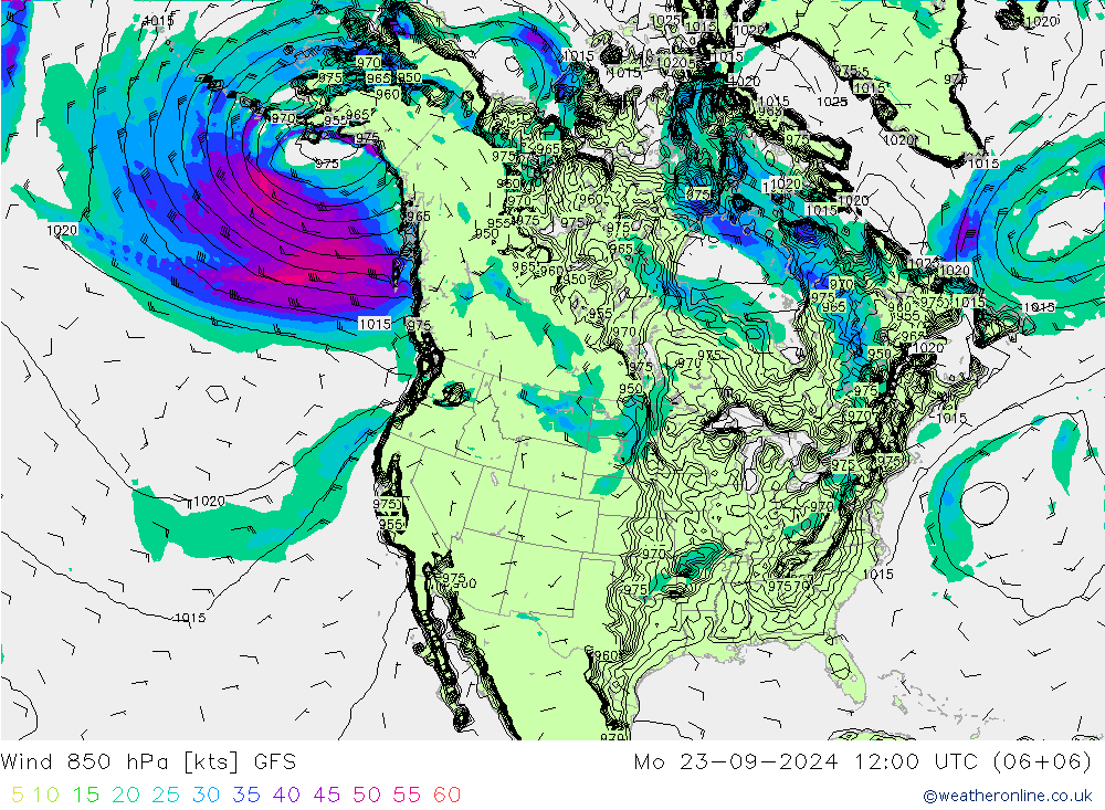 Wind 850 hPa GFS Mo 23.09.2024 12 UTC