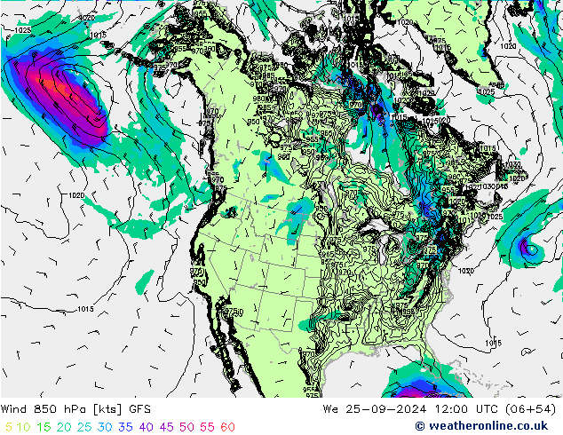 wiatr 850 hPa GFS śro. 25.09.2024 12 UTC