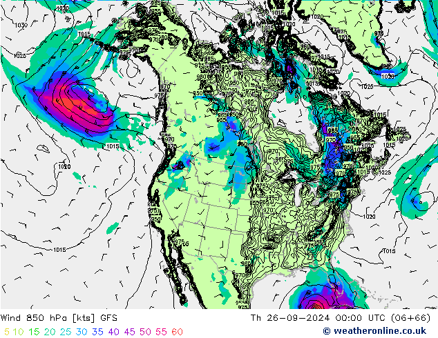 Viento 850 hPa GFS jue 26.09.2024 00 UTC