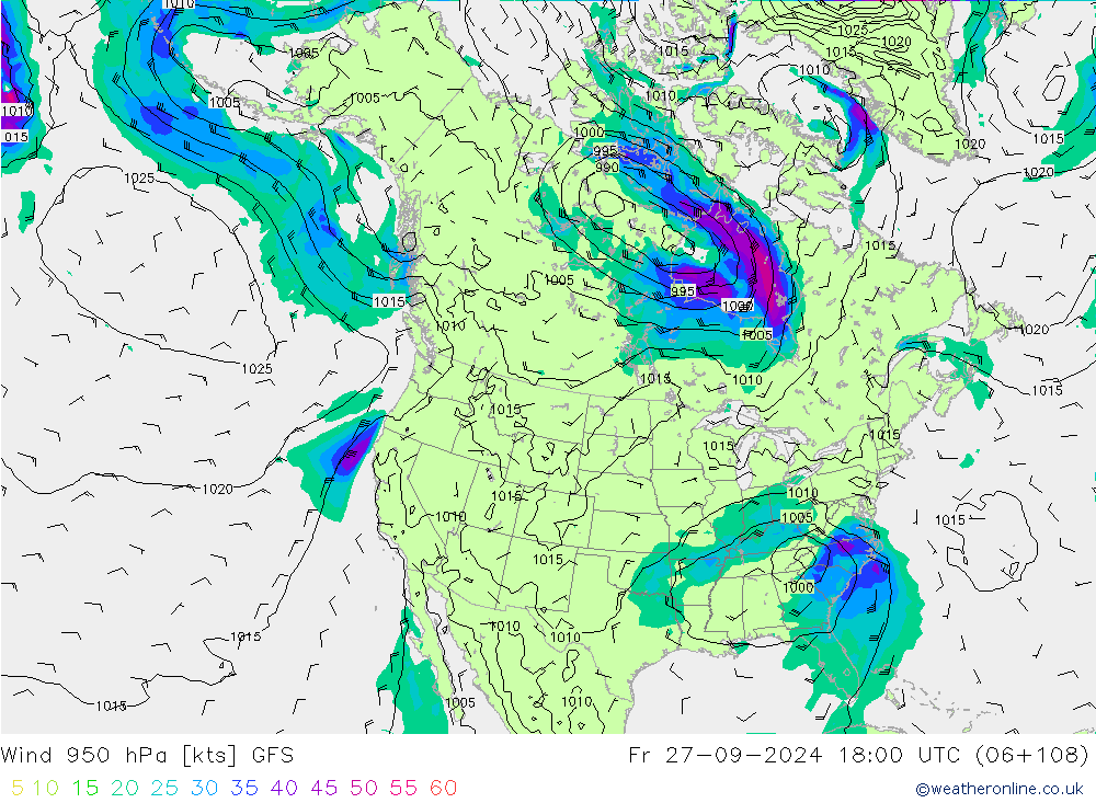 Viento 950 hPa GFS vie 27.09.2024 18 UTC