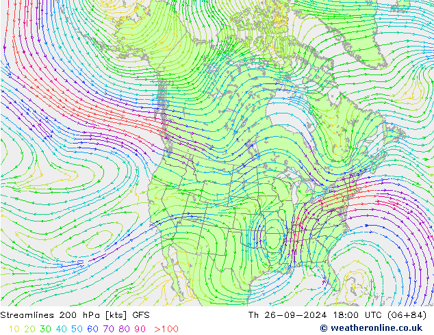 Línea de corriente 200 hPa GFS jue 26.09.2024 18 UTC