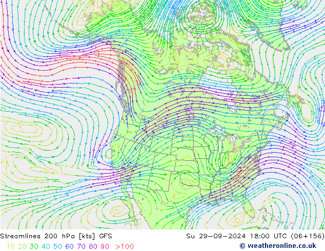 Linea di flusso 200 hPa GFS dom 29.09.2024 18 UTC