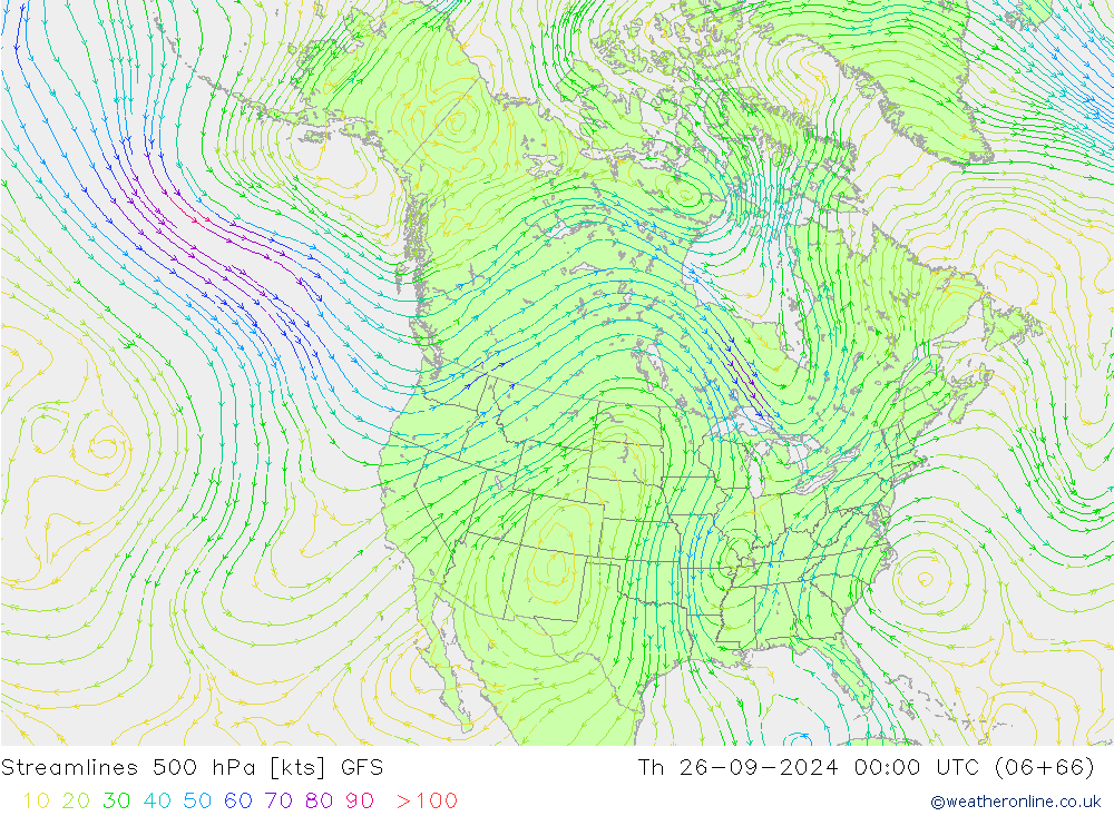 Linia prądu 500 hPa GFS czw. 26.09.2024 00 UTC