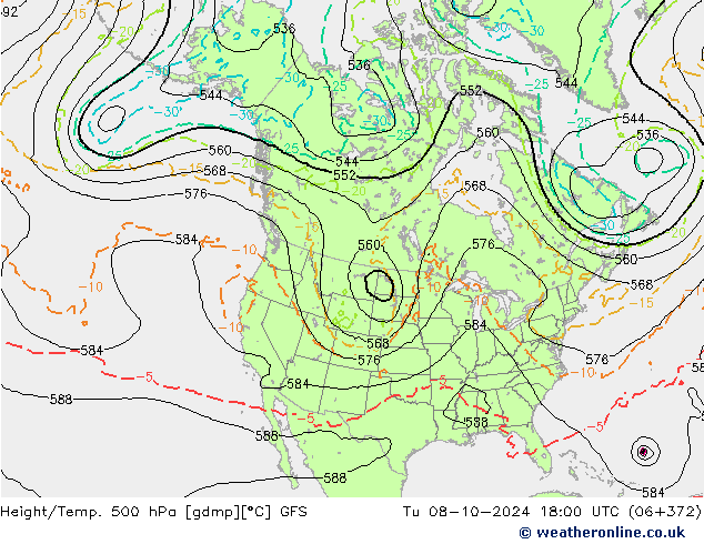 Height/Temp. 500 hPa GFS Tu 08.10.2024 18 UTC