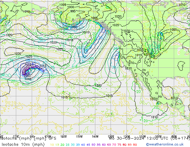 Isotaca (mph) GFS lun 30.09.2024 12 UTC