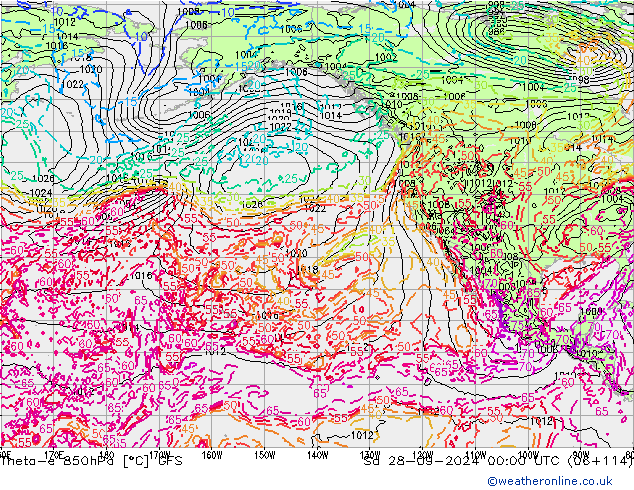 Theta-e 850hPa GFS sáb 28.09.2024 00 UTC