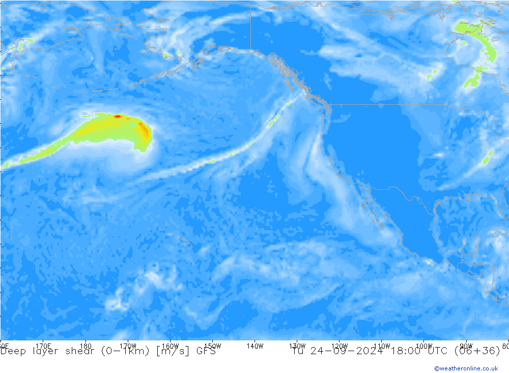 Deep layer shear (0-1km) GFS вт 24.09.2024 18 UTC