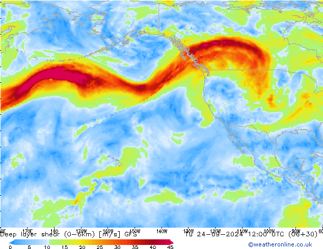 Deep layer shear (0-6km) GFS  24.09.2024 12 UTC