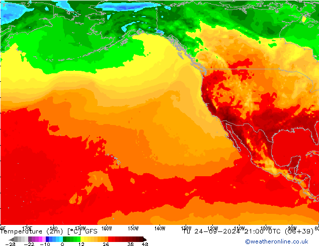 température (2m) GFS mar 24.09.2024 21 UTC