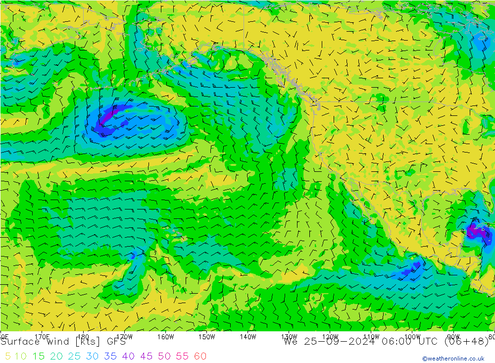 wiatr 10 m GFS śro. 25.09.2024 06 UTC