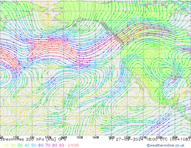 Linia prądu 200 hPa GFS pt. 27.09.2024 18 UTC