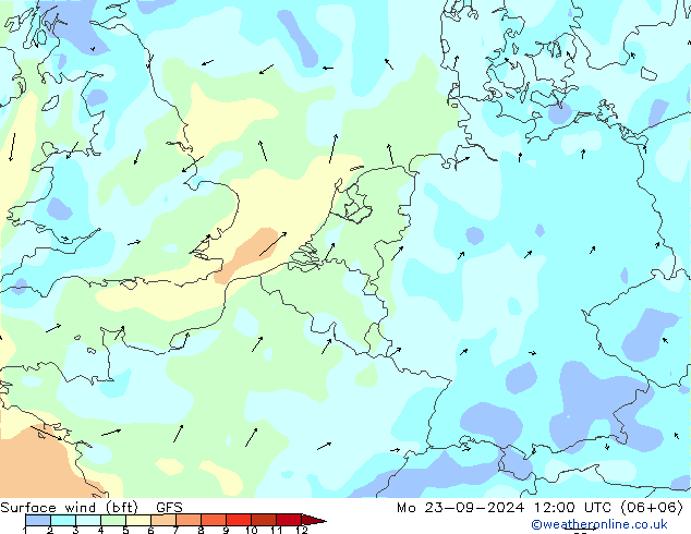 Surface wind (bft) GFS Mo 23.09.2024 12 UTC