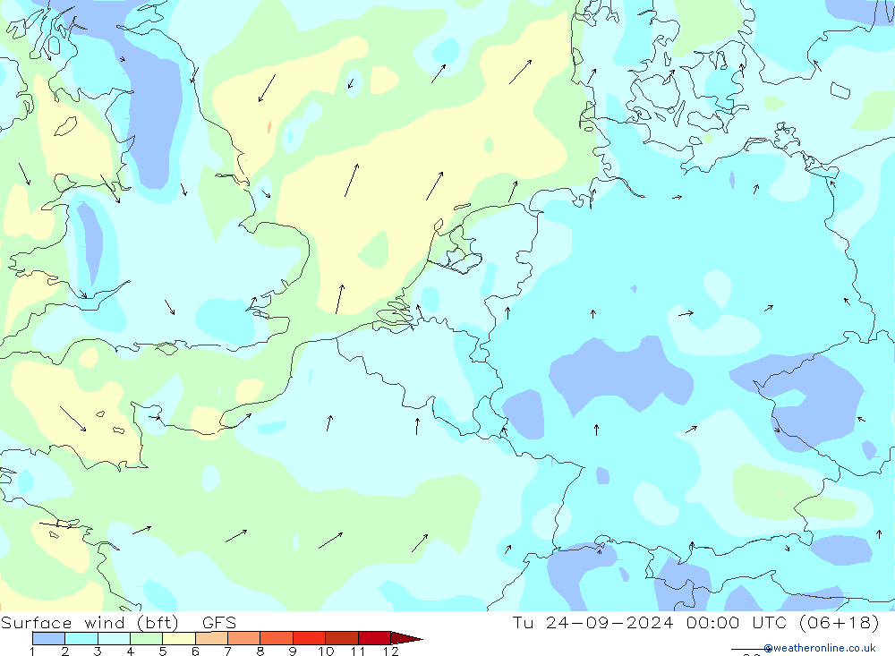 Surface wind (bft) GFS Tu 24.09.2024 00 UTC