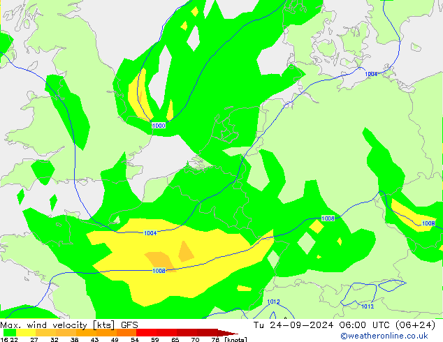 Max. wind snelheid GFS di 24.09.2024 06 UTC