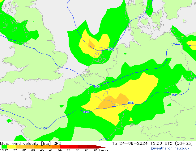 Max. wind snelheid GFS di 24.09.2024 15 UTC