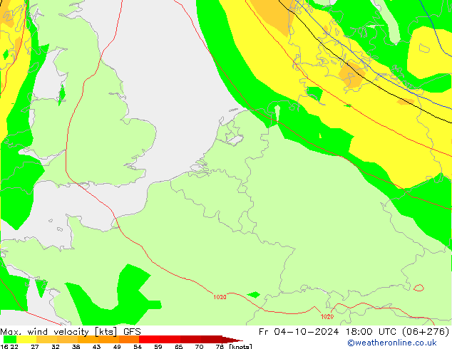 Max. wind velocity GFS пт 04.10.2024 18 UTC