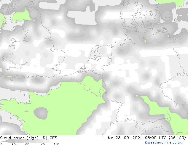 Cloud cover (high) GFS Mo 23.09.2024 06 UTC