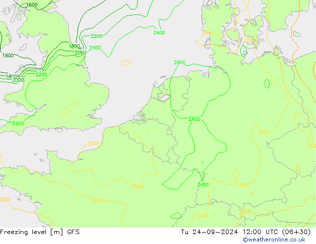 Freezing level GFS Út 24.09.2024 12 UTC