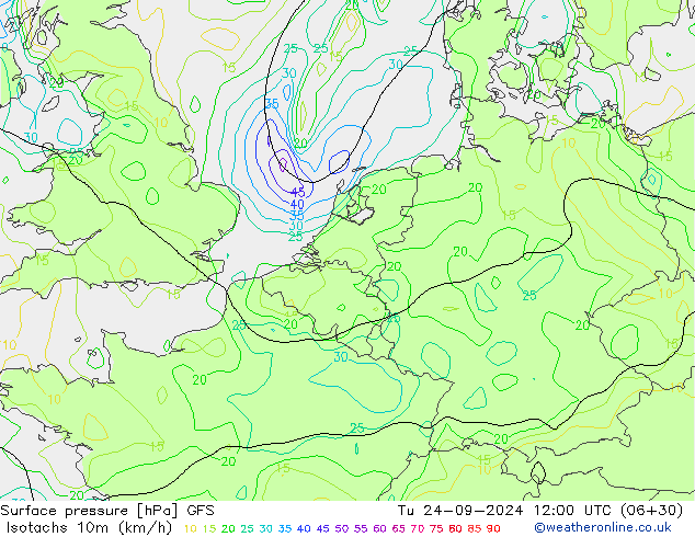 Isotachs (kph) GFS вт 24.09.2024 12 UTC