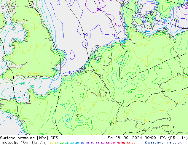 Isotachs (kph) GFS  28.09.2024 00 UTC