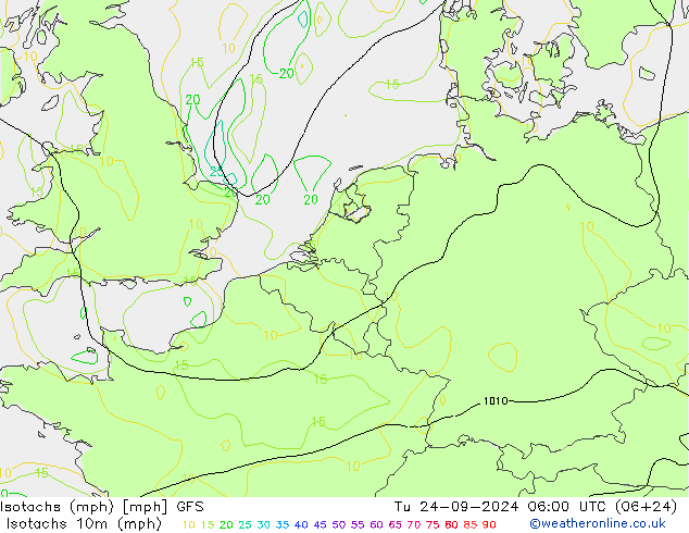 Isotachs (mph) GFS Tu 24.09.2024 06 UTC