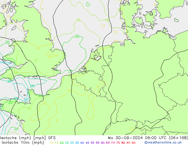 Isotachs (mph) GFS Mo 30.09.2024 06 UTC