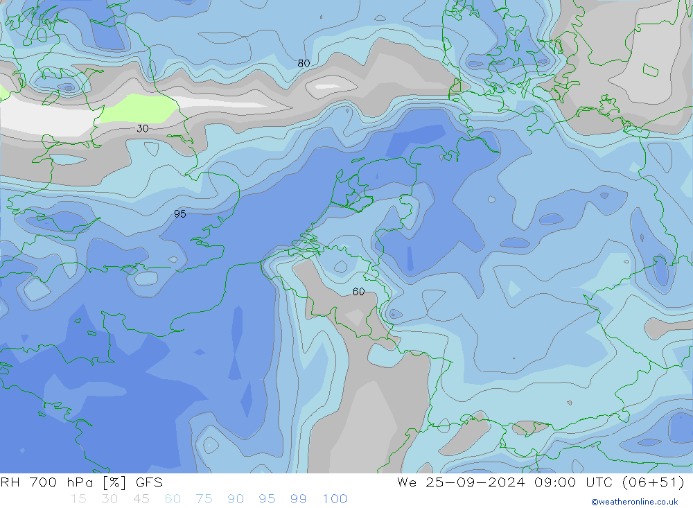 Humedad rel. 700hPa GFS mié 25.09.2024 09 UTC