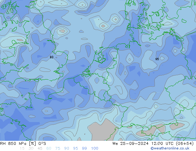 RH 850 hPa GFS We 25.09.2024 12 UTC