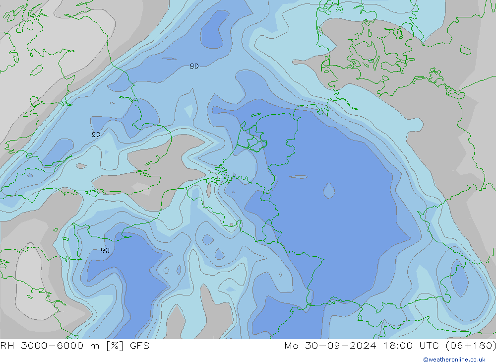 RH 3000-6000 m GFS Mo 30.09.2024 18 UTC