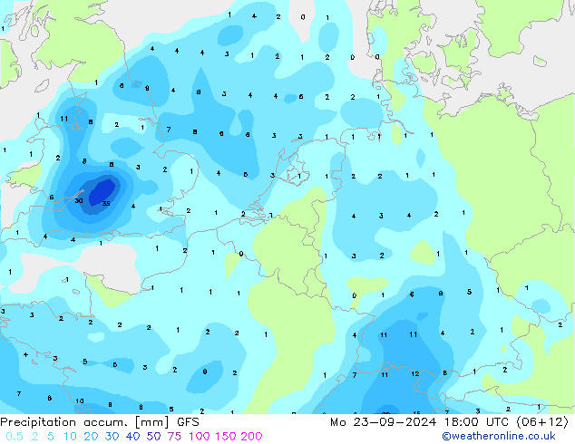 Precipitation accum. GFS Mo 23.09.2024 18 UTC