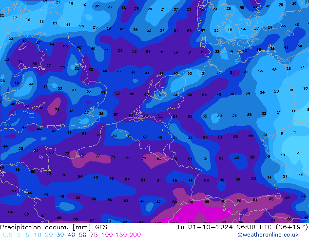 Précipitation accum. GFS mar 01.10.2024 06 UTC