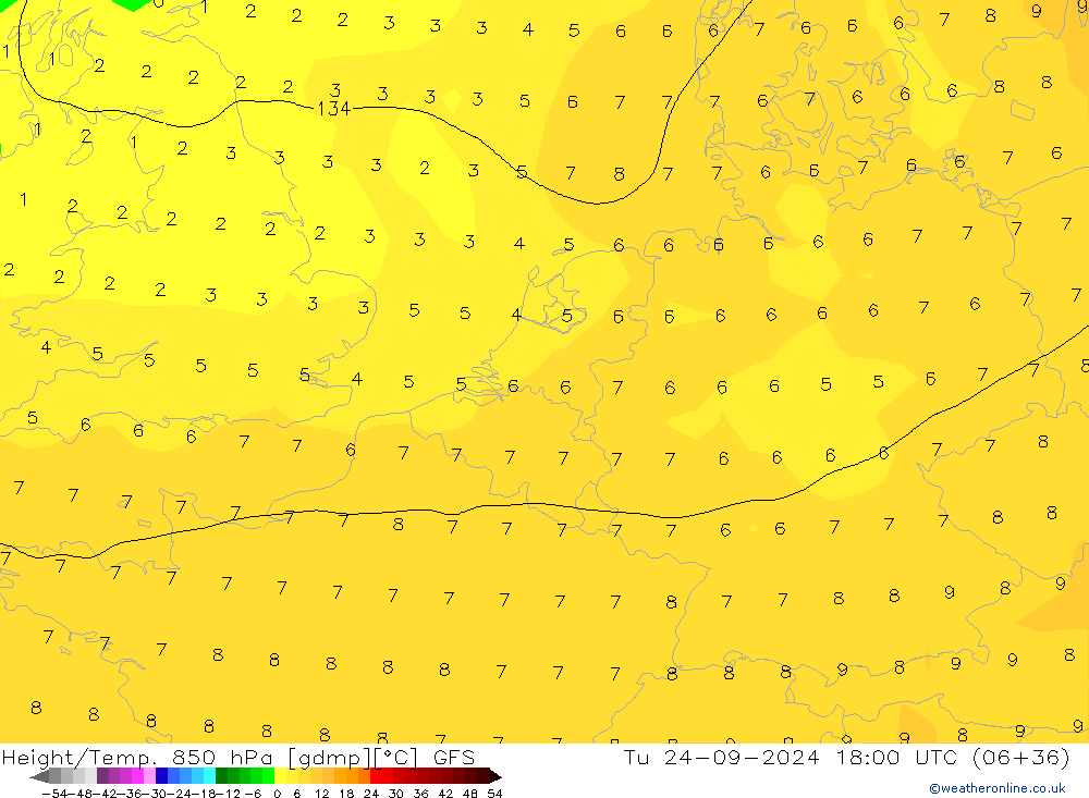 Height/Temp. 850 hPa GFS Ter 24.09.2024 18 UTC