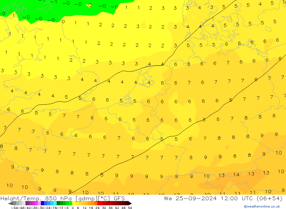 Height/Temp. 850 hPa GFS We 25.09.2024 12 UTC