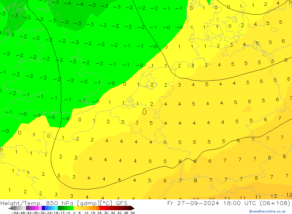 Height/Temp. 850 hPa GFS Fr 27.09.2024 18 UTC