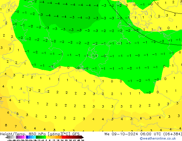 Height/Temp. 850 hPa GFS mer 09.10.2024 06 UTC