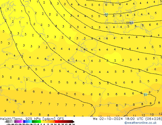 Yükseklik/Sıc. 925 hPa GFS Çar 02.10.2024 18 UTC