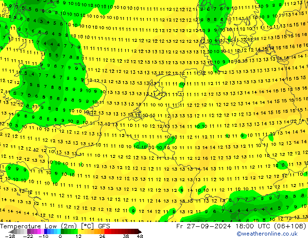 Minumum Değer (2m) GFS Cu 27.09.2024 18 UTC