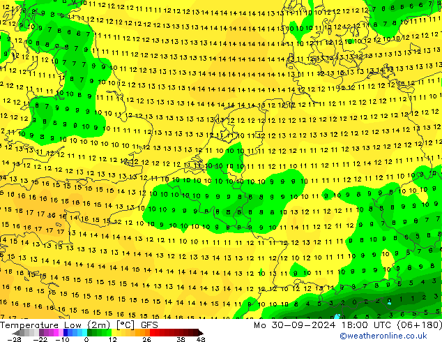 Temp. minima (2m) GFS lun 30.09.2024 18 UTC