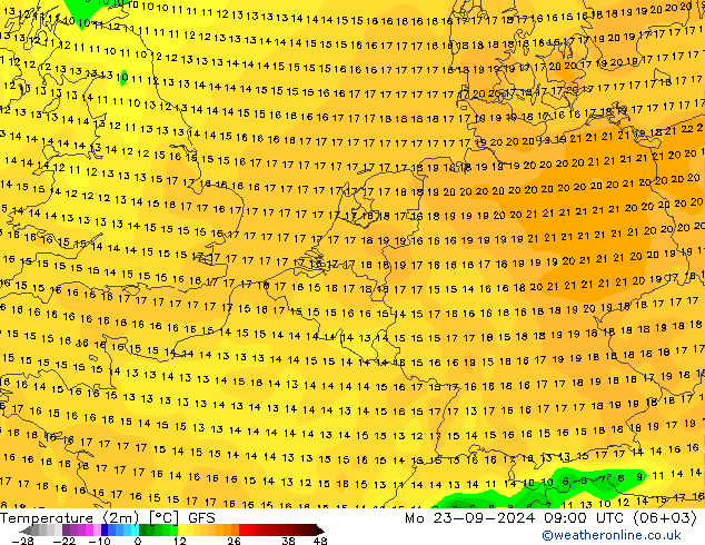 Temperaturkarte (2m) GFS Mo 23.09.2024 09 UTC