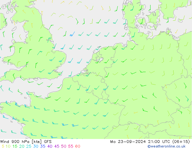 wiatr 900 hPa GFS pon. 23.09.2024 21 UTC